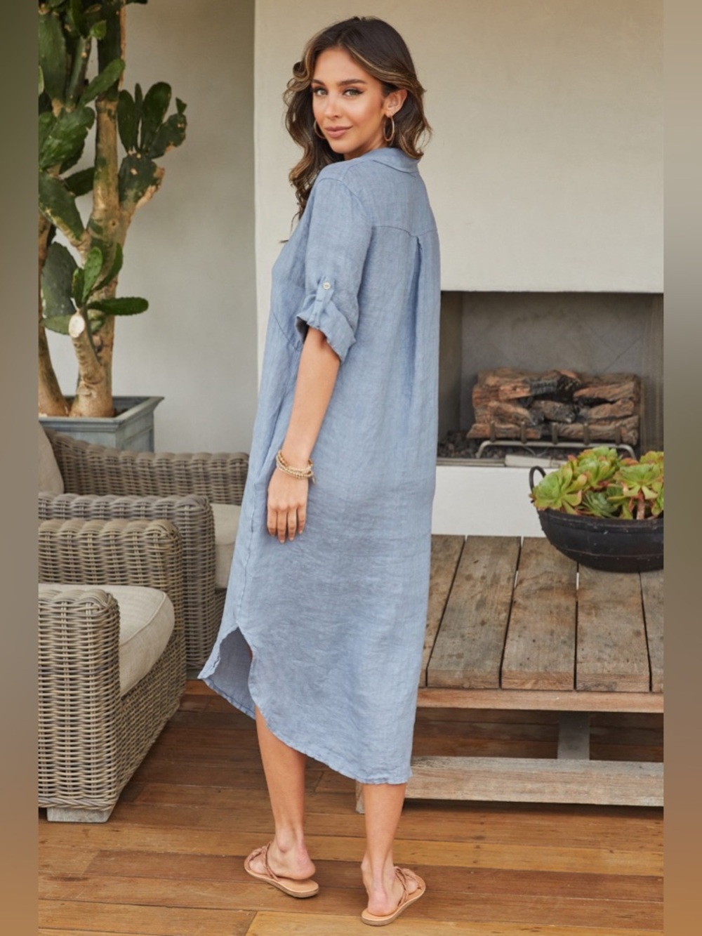 (60601-SOL-MOCH) SOLID MIDI-LENGTH BUTTON DOWN LINEN DRESS - Picture 4 of 4